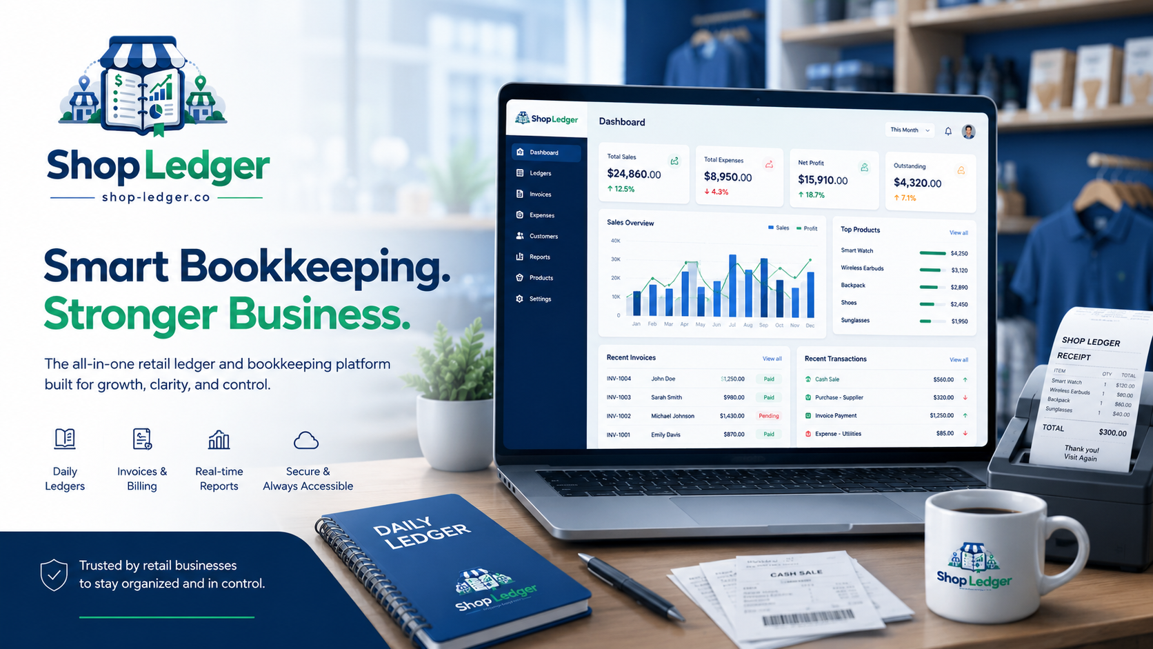 Shop Ledger bookkeeping dashboard and retail bookkeeping workspace