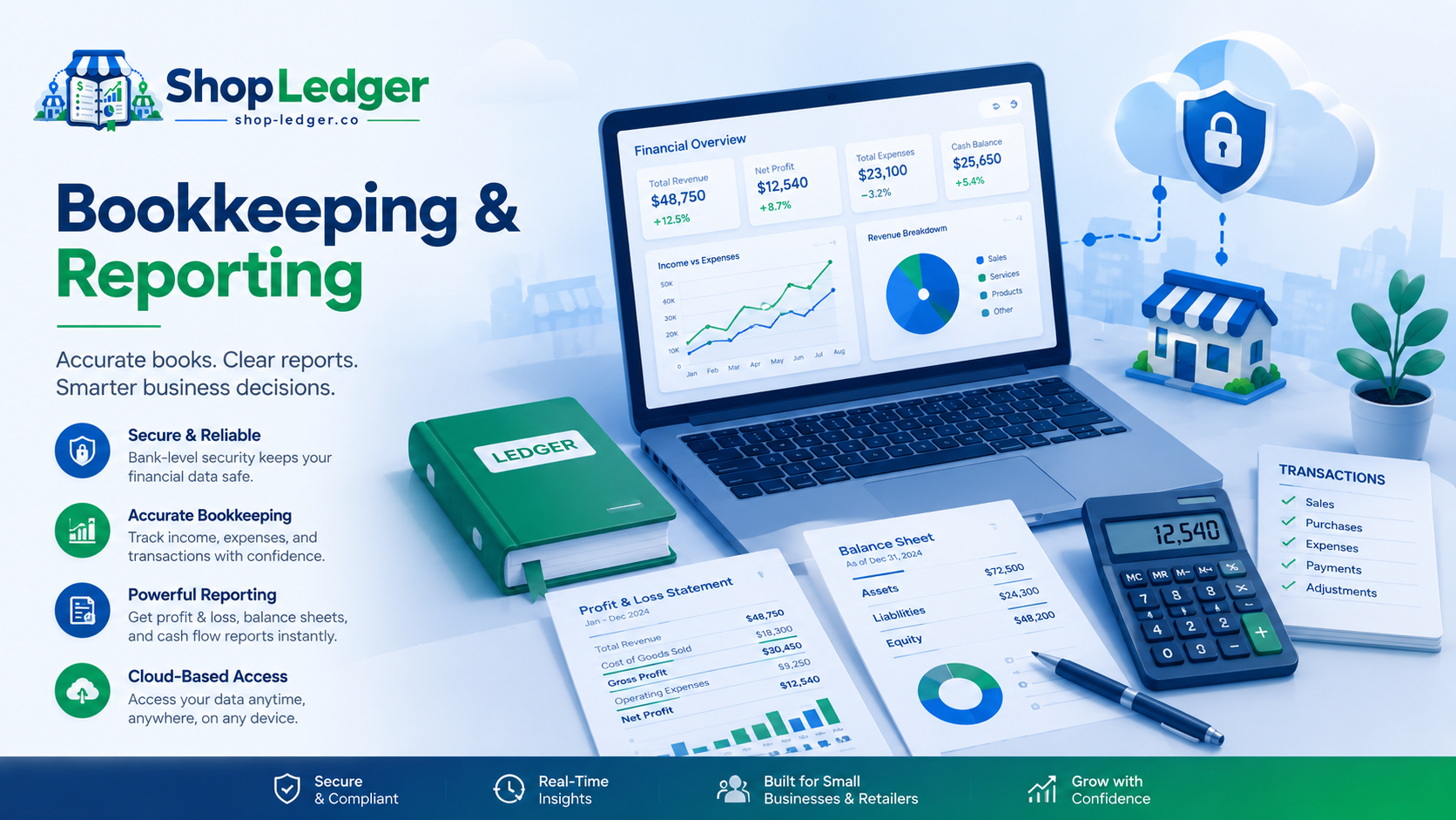 Bookkeeping reports, ledger records and secure financial reporting